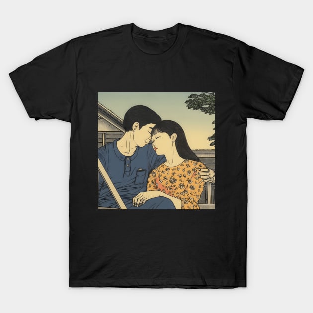 Pretty Asian Couple Hugging and Kissing on the Bench T-Shirt by KOTYA